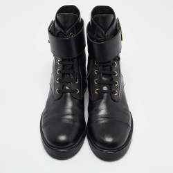 Pre Owned Louis Vuitton Black Leather Wonderland Flat Ranger Combat Boots 41
