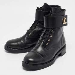 Pre Owned Louis Vuitton Black Leather Wonderland Flat Ranger Combat Boots 41