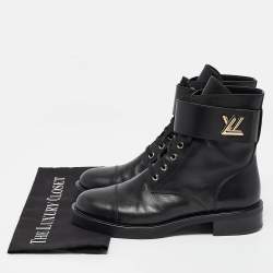 Pre Owned Louis Vuitton Black Leather Wonderland Flat Ranger Combat Boots 41