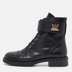 Pre Owned Louis Vuitton Black Leather Wonderland Flat Ranger Combat Boots 41