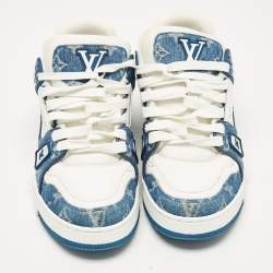 Louis Vuitton White/Blue Monogram Leather and Denim LV Trainer Sneakers Size 41