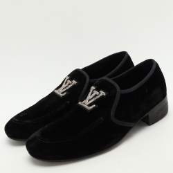 Louis Vuitton Black Velvet Logo Embroidered Slip On Loafers Size 41.5