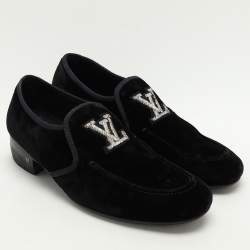 Louis Vuitton Black Velvet Logo Embroidered Slip On Loafers Size 41.5