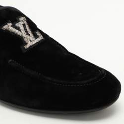 Louis Vuitton Black Velvet Logo Embroidered Slip On Loafers Size 41.5