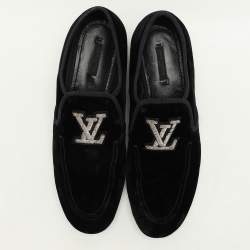 Louis Vuitton Black Velvet Logo Embroidered Slip On Loafers Size 41.5