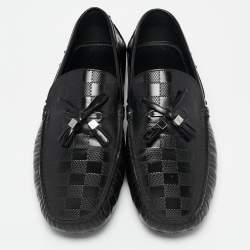 Pre Owned Louis Vuitton Black Damier Embossed Leather Tassel Bow Loafers Size 43.5