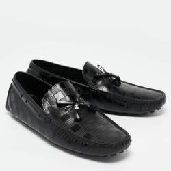 Pre Owned Louis Vuitton Black Damier Embossed Leather Tassel Bow Loafers Size 43.5