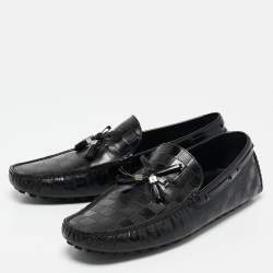 Pre Owned Louis Vuitton Black Damier Embossed Leather Tassel Bow Loafers Size 43.5