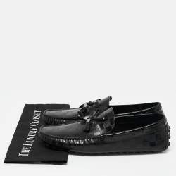 Pre Owned Louis Vuitton Black Damier Embossed Leather Tassel Bow Loafers Size 43.5