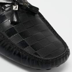 Pre Owned Louis Vuitton Black Damier Embossed Leather Tassel Bow Loafers Size 43.5