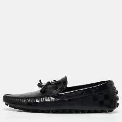 Pre Owned Louis Vuitton Black Damier Embossed Leather Tassel Bow Loafers Size 43.5