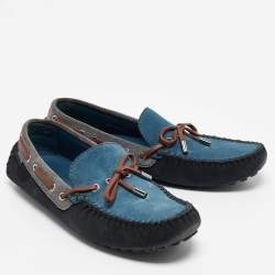 Louis Vuitton Dark Tricolor Suede And Leather Logo Bow Slip On Loafers Size 43