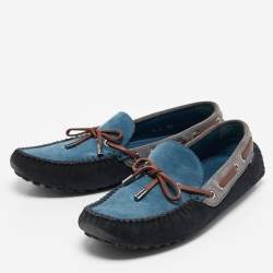 Louis Vuitton Dark Tricolor Suede And Leather Logo Bow Slip On Loafers Size 43