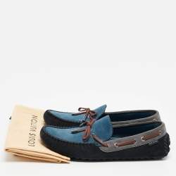 Louis Vuitton Dark Tricolor Suede And Leather Logo Bow Slip On Loafers Size 43