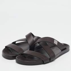 Louis Vuitton Dark Brown Leather Pioneer Cross Strap Flat Slides Size 45