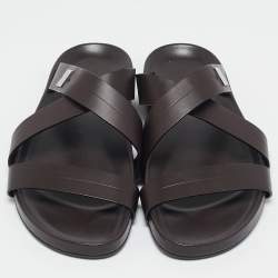 Louis Vuitton Dark Brown Leather Pioneer Cross Strap Flat Slides Size 45