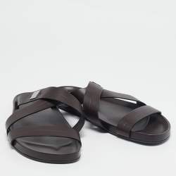 Louis Vuitton Dark Brown Leather Pioneer Cross Strap Flat Slides Size 45