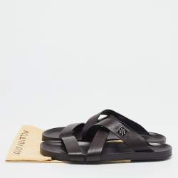 Louis Vuitton Dark Brown Leather Pioneer Cross Strap Flat Slides Size 45