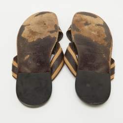 Louis Vuitton Brown/Beige Leather and Fabric Criss-Cross Flat Sandals Size 44