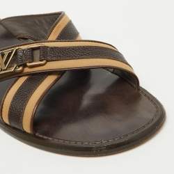 Louis Vuitton Brown/Beige Leather and Fabric Criss-Cross Flat Sandals Size 44
