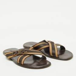 Louis Vuitton Brown/Beige Leather and Fabric Criss-Cross Flat Sandals Size 44