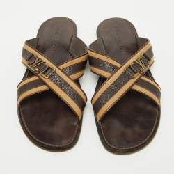 Louis Vuitton Brown/Beige Leather and Fabric Criss-Cross Flat Sandals Size 44
