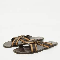 Louis Vuitton Brown/Beige Leather and Fabric Criss-Cross Flat Sandals Size 44