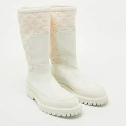 Louis Vuitton White Leather and Monogram Neoprene Calf Length Boots Size 43