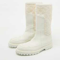 Louis Vuitton White Leather and Monogram Neoprene Calf Length Boots Size 43