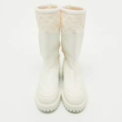 Louis Vuitton White Leather and Monogram Neoprene Calf Length Boots Size 43