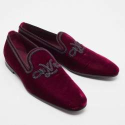Pre Owned Louis Vuitton Burgundy Velvet Embroidered Auteuil Loafers Size 43.5