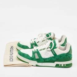 Pre Owned Louis Vuitton White/Green Leather and Denim LV Trainer Sneakers Size 44