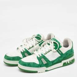 Pre Owned Louis Vuitton White/Green Leather and Denim LV Trainer Sneakers Size 44