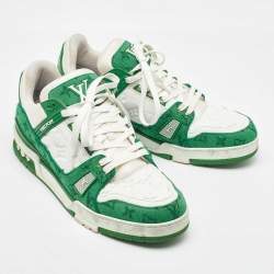Pre Owned Louis Vuitton White/Green Leather and Denim LV Trainer Sneakers Size 44