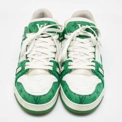 Pre Owned Louis Vuitton White/Green Leather and Denim LV Trainer Sneakers Size 44