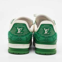 Pre Owned Louis Vuitton White/Green Leather and Denim LV Trainer Sneakers Size 44