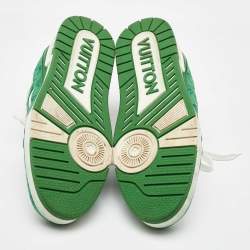 Pre Owned Louis Vuitton White/Green Leather and Denim LV Trainer Sneakers Size 44