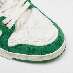 Pre Owned Louis Vuitton White/Green Leather and Denim LV Trainer Sneakers Size 44