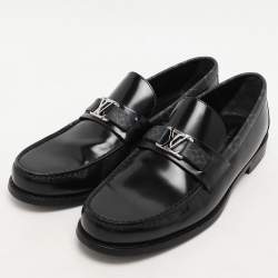 Pre Owned Louis Vuitton Black Leather and Monogram Eclipse Major Loafer Size 42