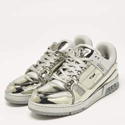 Louis Vuitton Silver Mirror Leather LV Trainer Sneakers Size 44