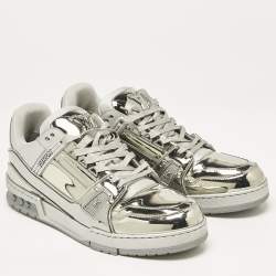 Louis Vuitton Silver Mirror Leather LV Trainer Sneakers Size 44