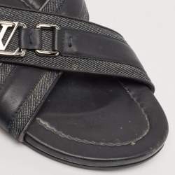 Louis Vuitton Navy Blue Denim and Leather Hamptons Flat Sandals Size 42.5