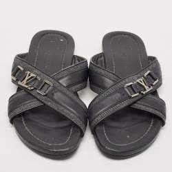 Louis Vuitton Navy Blue Denim and Leather Hamptons Flat Sandals Size 42.5