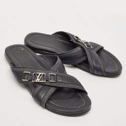Louis Vuitton Navy Blue Denim and Leather Hamptons Flat Sandals Size 42.5
