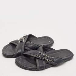 Louis Vuitton Navy Blue Denim and Leather Hamptons Flat Sandals Size 42.5