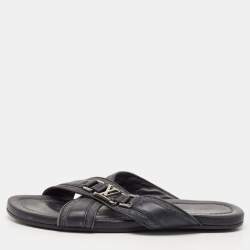 Louis Vuitton Navy Blue Denim and Leather Hamptons Flat Sandals Size 42.5