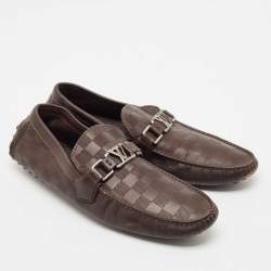Louis Vuitton Dark Brown Damier Embossed Leather Hockenheim Slip On Loafers Size 42.5