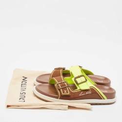 مملوكة مسبقًا Louis Vuitton Brown/Neon Green Suede and Leather LV Trainer Mules Size 42