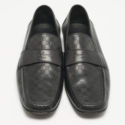 Louis Vuitton Black Leather Damier Embossed Santiago Slip On Loafers Size 44.5