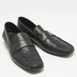 Louis Vuitton Black Leather Damier Embossed Santiago Slip On Loafers Size 44.5